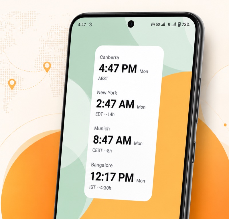 The Unichrono widget on an Android home screen showing Canberra, New York, Munich and Bangalore with their local times