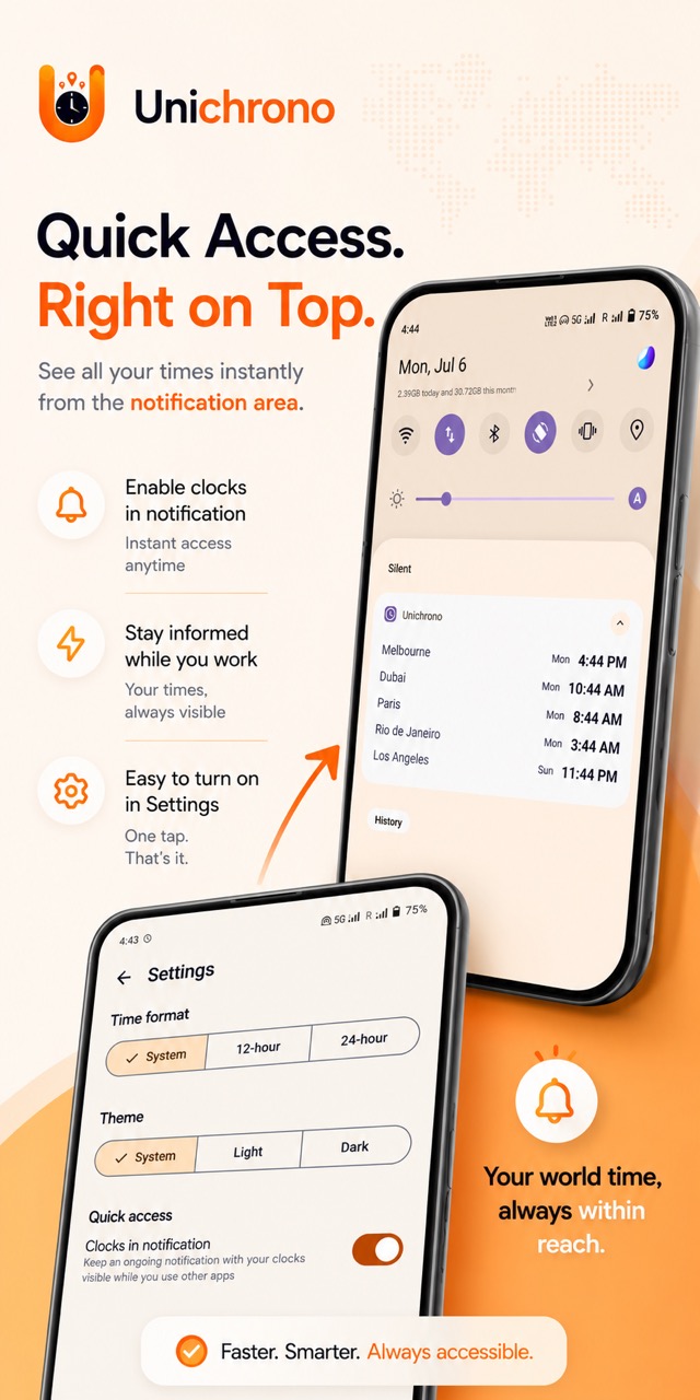 Unichrono clocks in the Android notification shade, beside the app settings screen